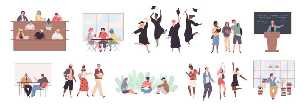 Illustration of different education-related scenes.