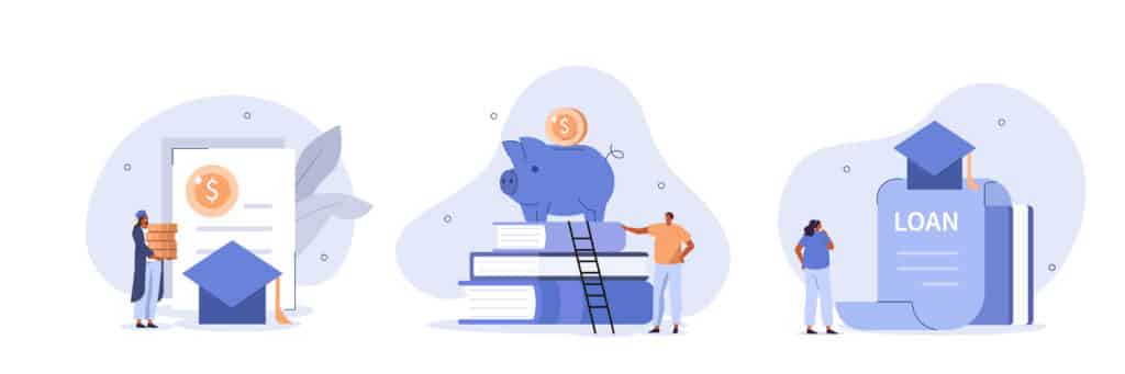 Drawing of savings concepts for education, including a piggy bank, books, and coins.